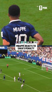 A respectful moment between Kylian Mbappé and Djed Spence after Bukayo Saka converts the penalty