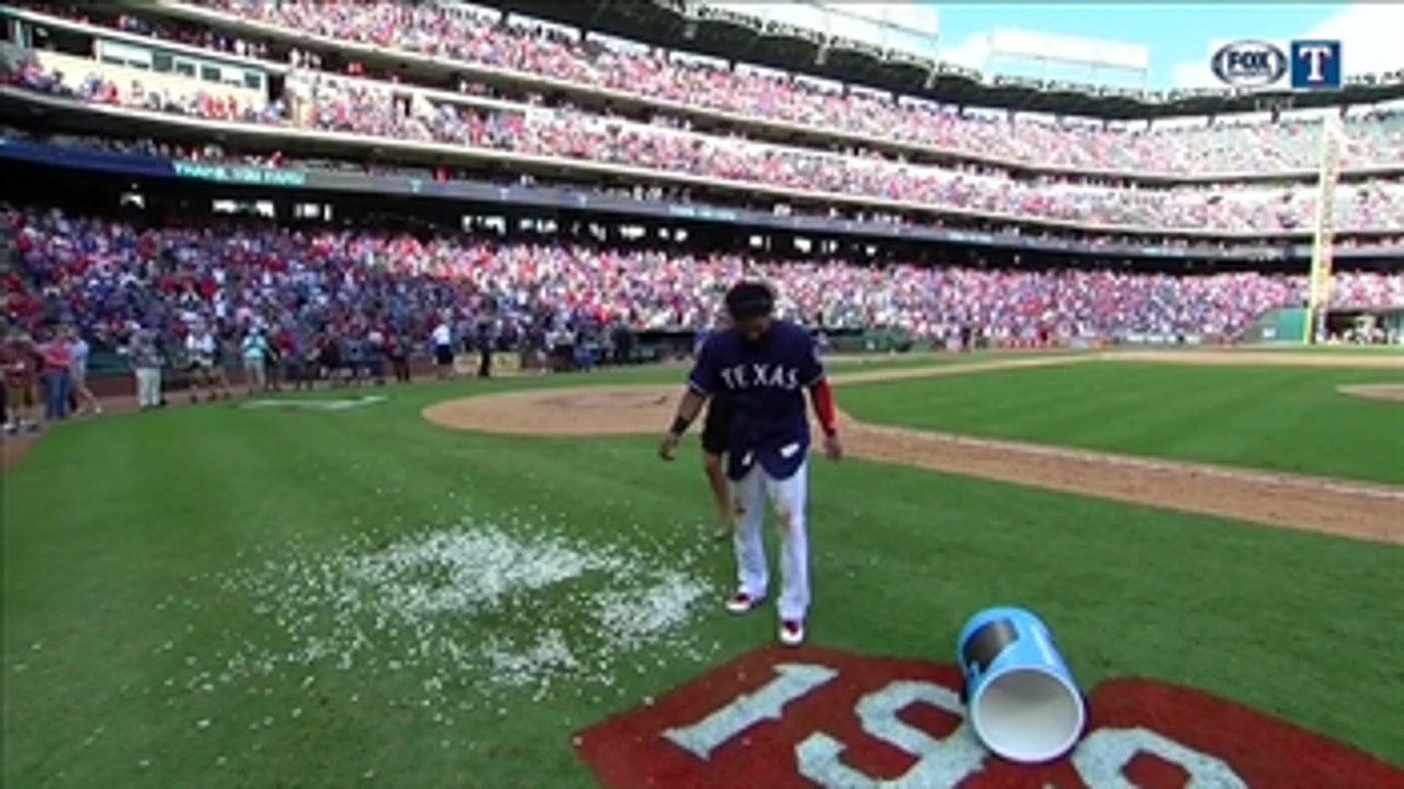 Elvis Andrus gets the Final Ice Bath after defeating New York in Globe Life Park