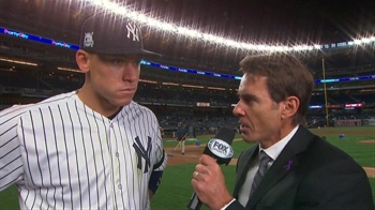 Aaron Judge talks to Tom Verducci after the Yankees game 3 victory