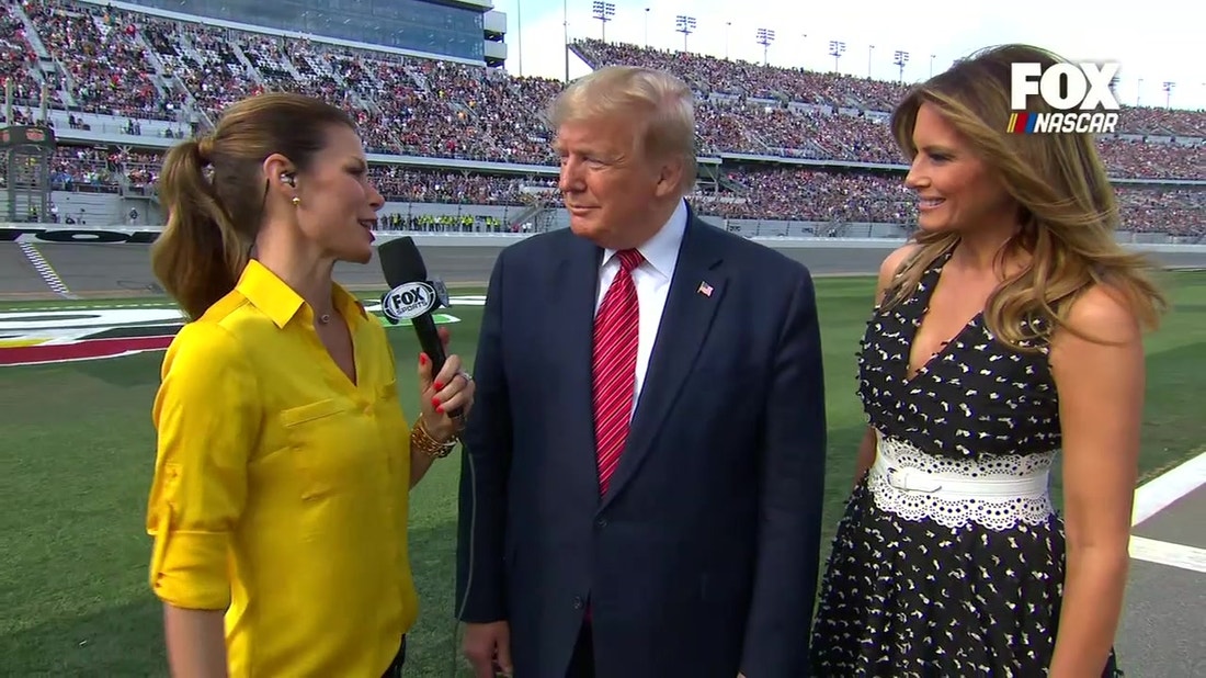 President Donald Trump speaks with Jamie Little before the Daytona 500 as the Grand Marshal
