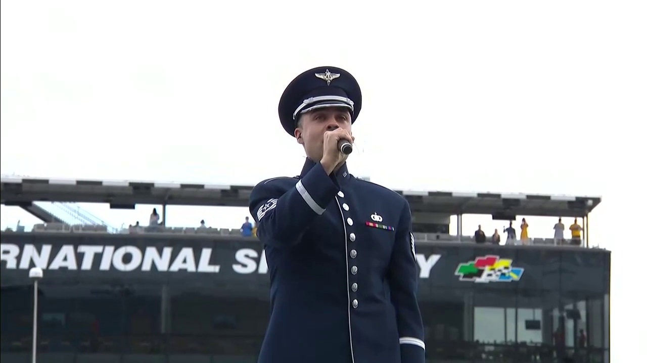Technical Sargeant Sam Allen performs the National Anthem ahead of the 2021 Daytona 500