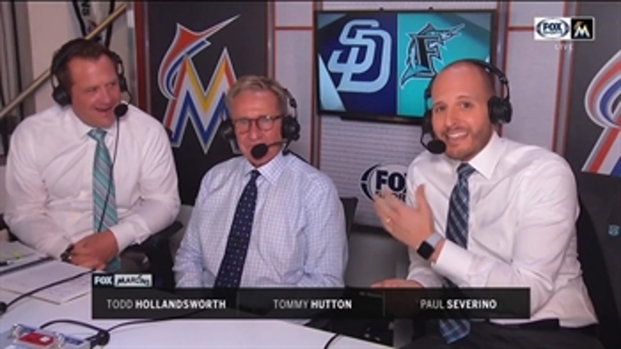 Tommy Hutton stops by the broadcast booth during Marlins anniversary weekend
