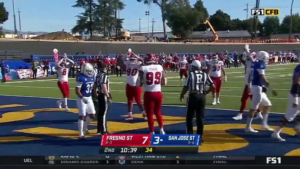 Jake Haener is called for intentional grounding resulting in a safety as Fresno State leads San Jose State 9-3