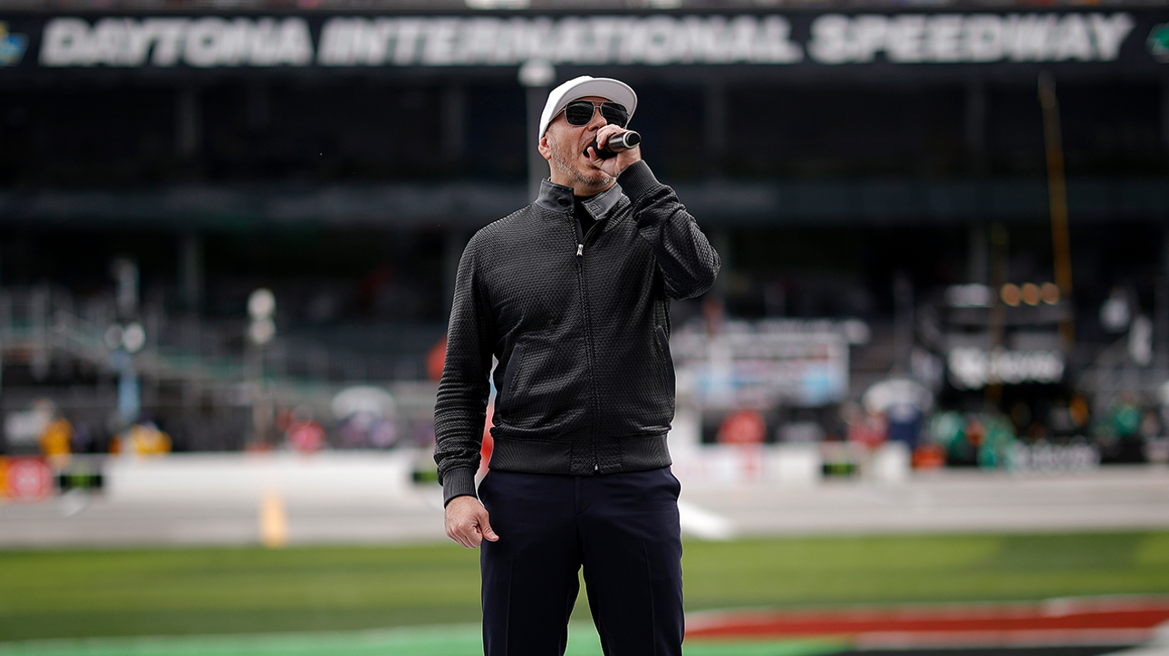 Pitbull, Trackhouse Racing Team Co-owner, speaks with the NASCAR on FOX crew during the Daytona 500