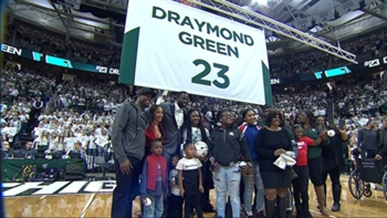 Draymond Green gets choked up as he watches his number get retired at Michigan State