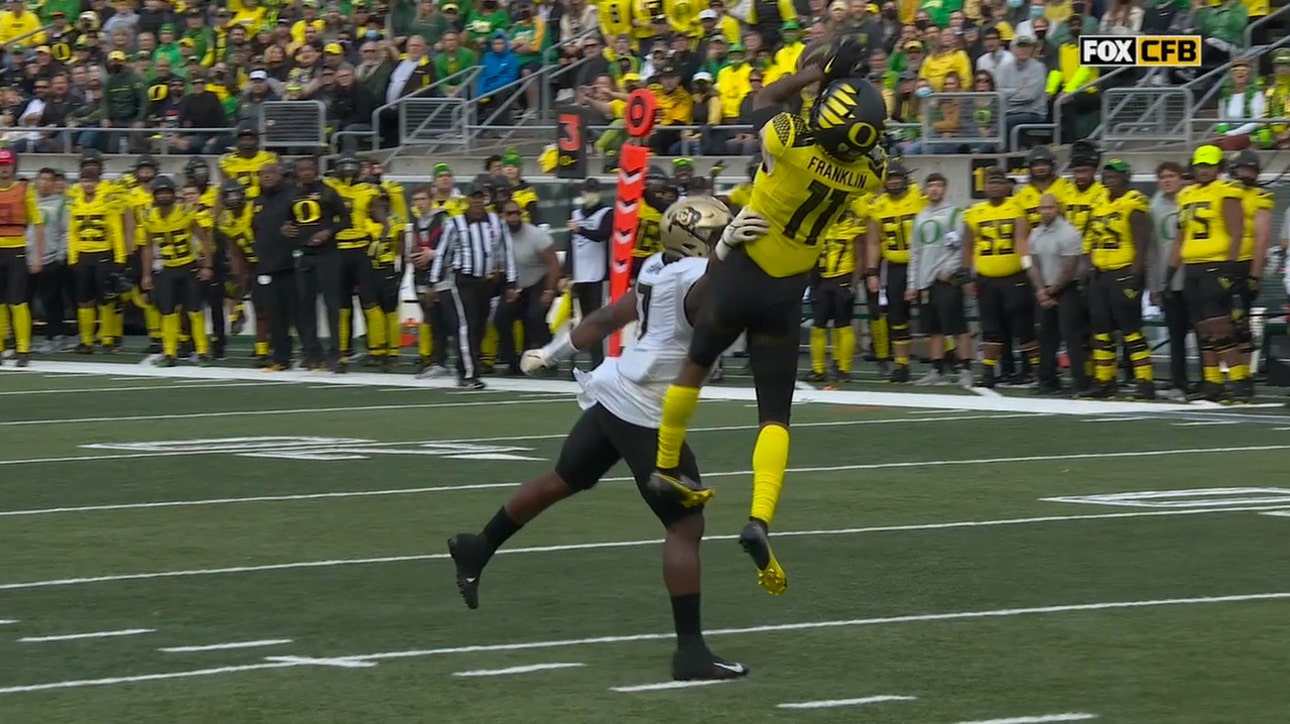 Troy Franklin leaps and hauls in 28-yard TD reception to extend Oregon's lead to 21-0