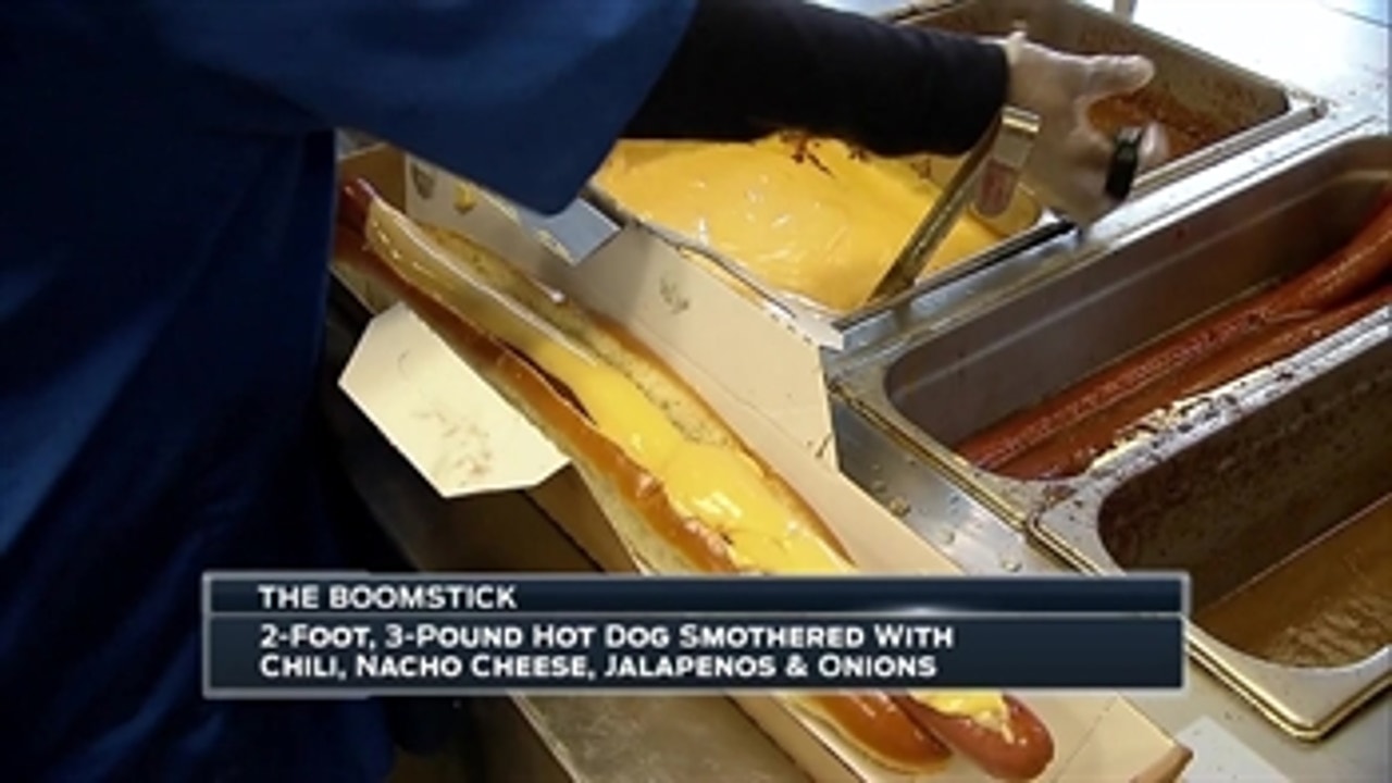 Angels Live: Kent French chows down on 'The Boomstick', 2-foot, 3-pound hot dog