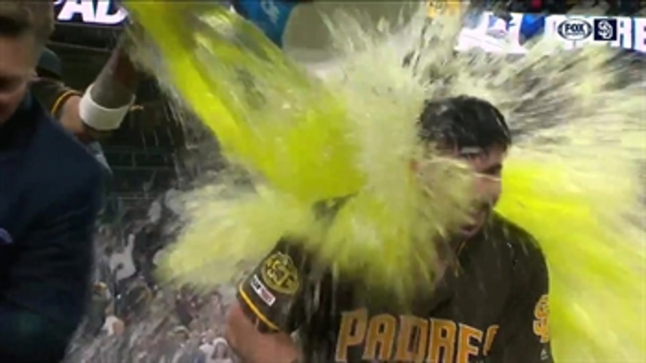 Austin Hedges gets Gatorade bath to celebrate walk-off hit against Nationals