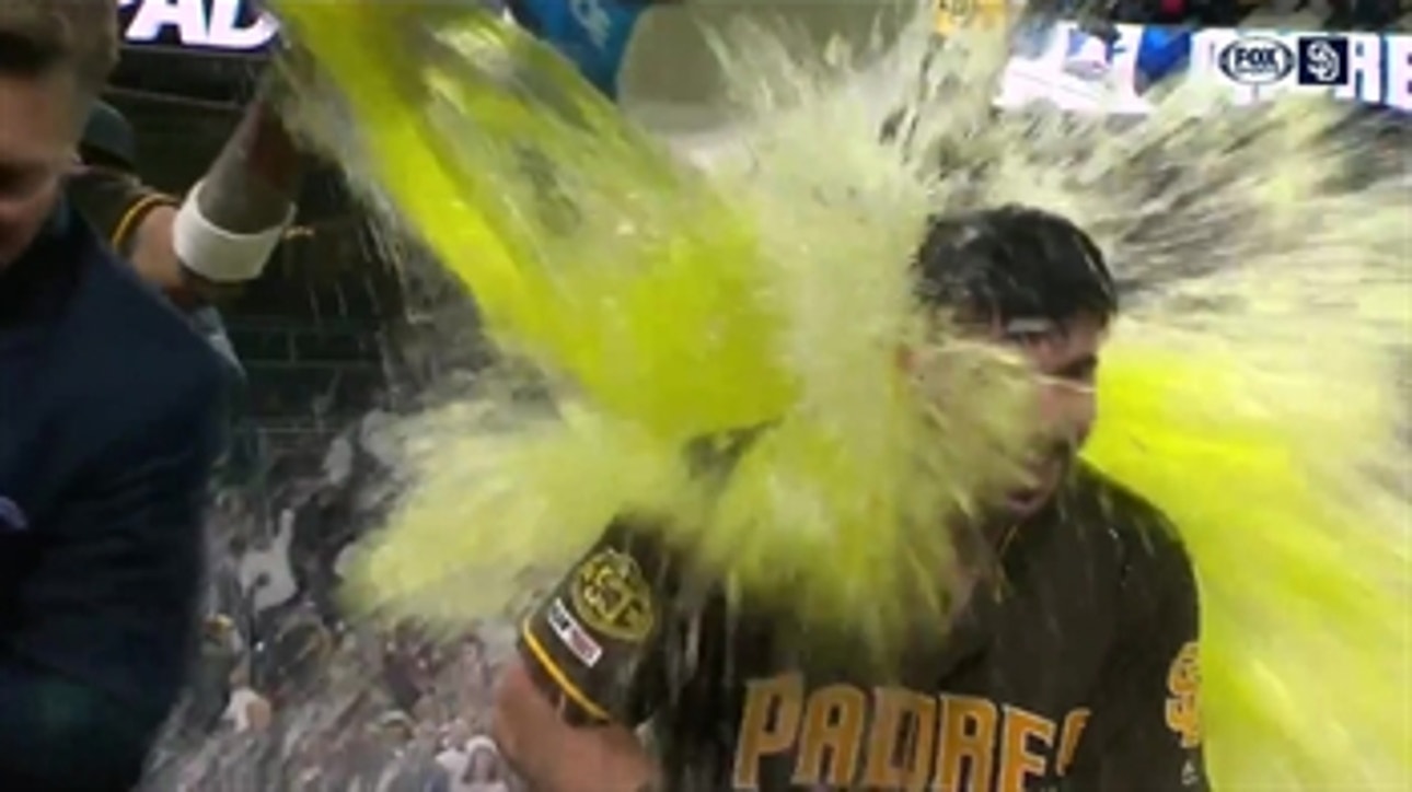 Austin Hedges gets Gatorade bath to celebrate walk-off hit against Nationals