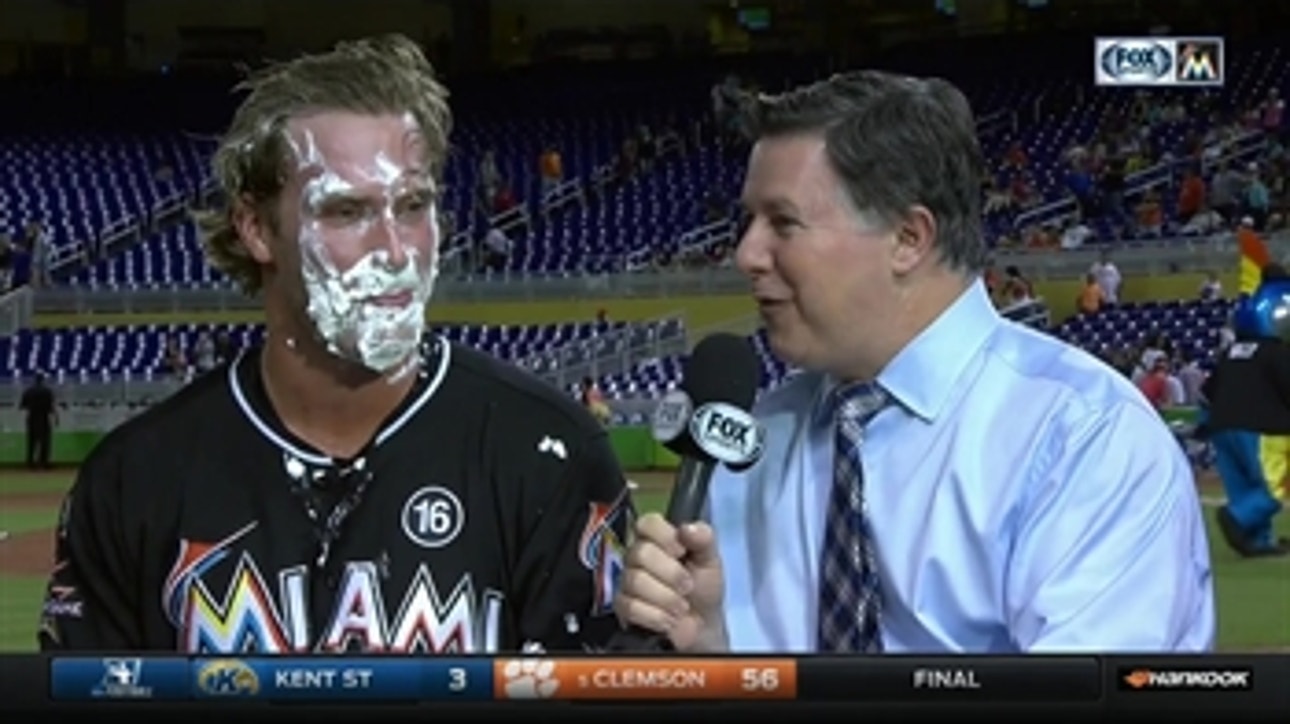 Drew Steckenrider gets pied after recording his first career save