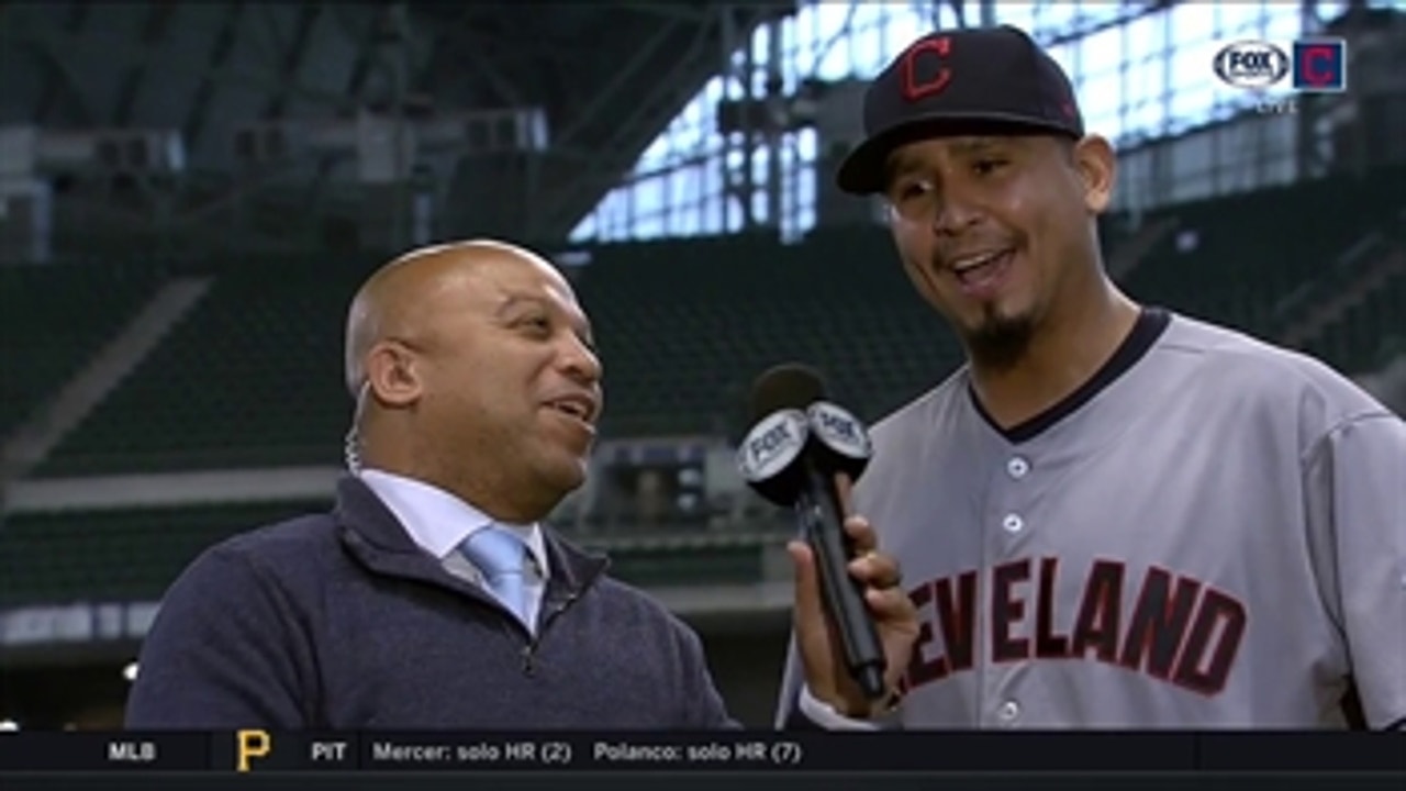 Carlos Carrasco reacts to first career RBI and second complete game of the year