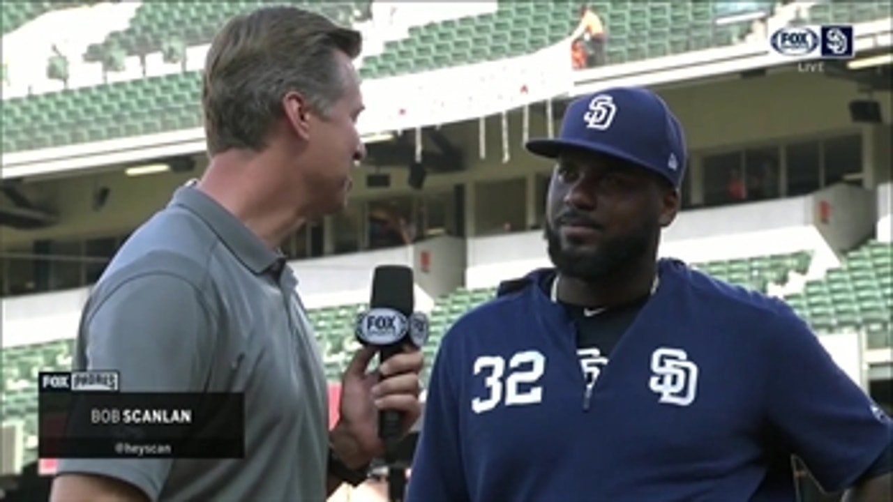 Franmil Reyes talks after his multi-home run performance