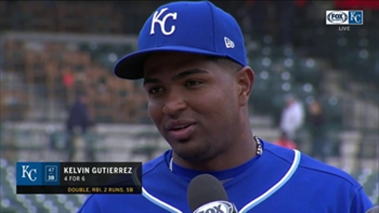 Kelvin Gutierrez reacts after his first career four-hit game