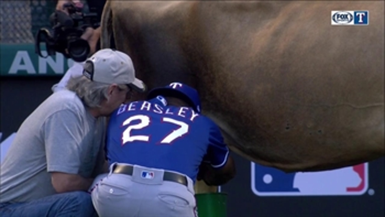 Tony Beasley milks a cow before Rangers series with Angels