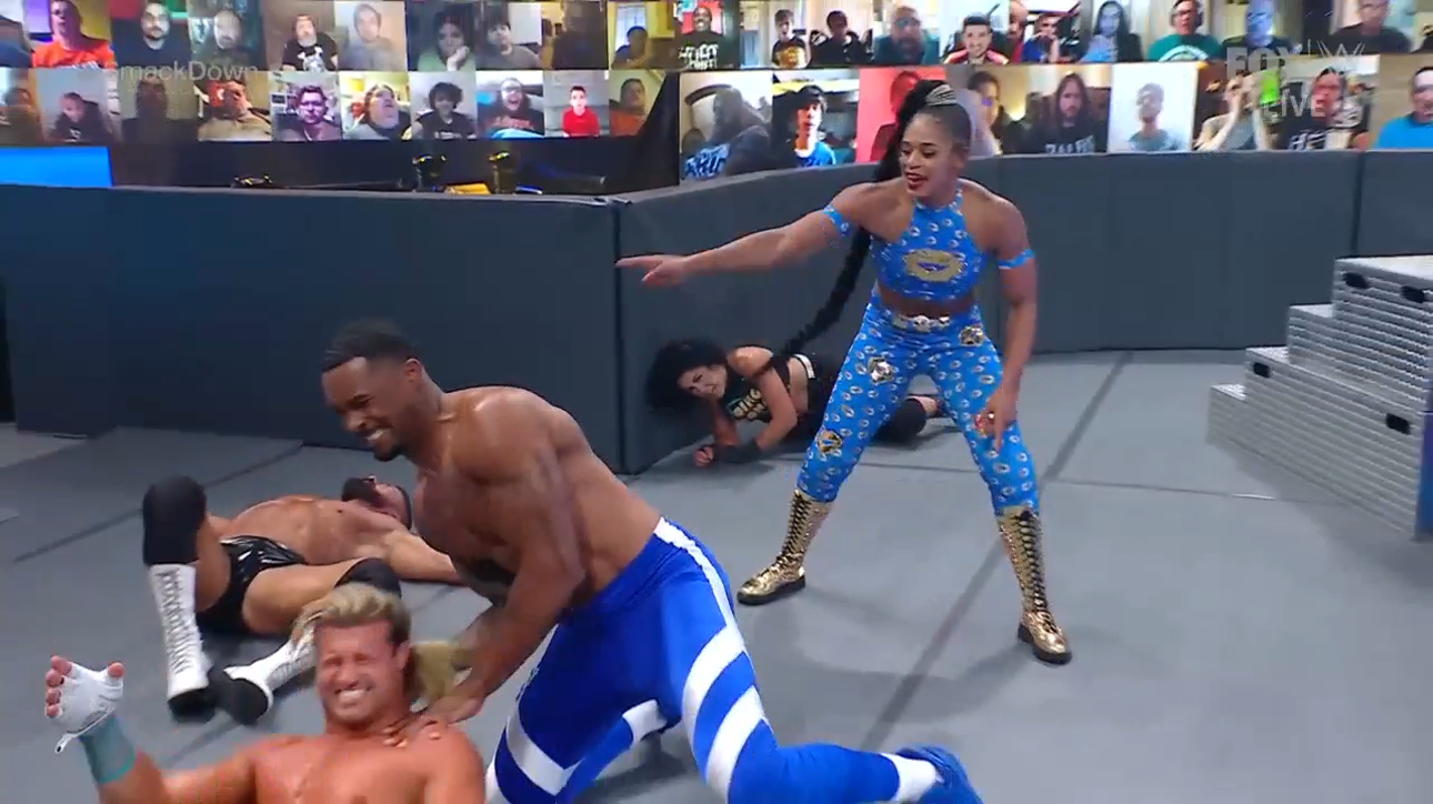 Belair teams up with husband Montez Ford and Angelo Dawkins against Bayley, Ziggler and Roode