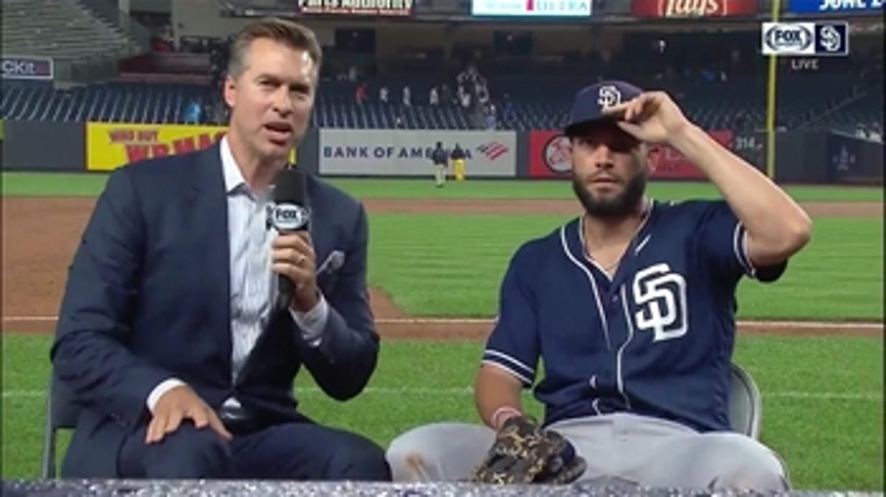 Eric Hosmer talks after the Padres 5-4 win over the Yankees