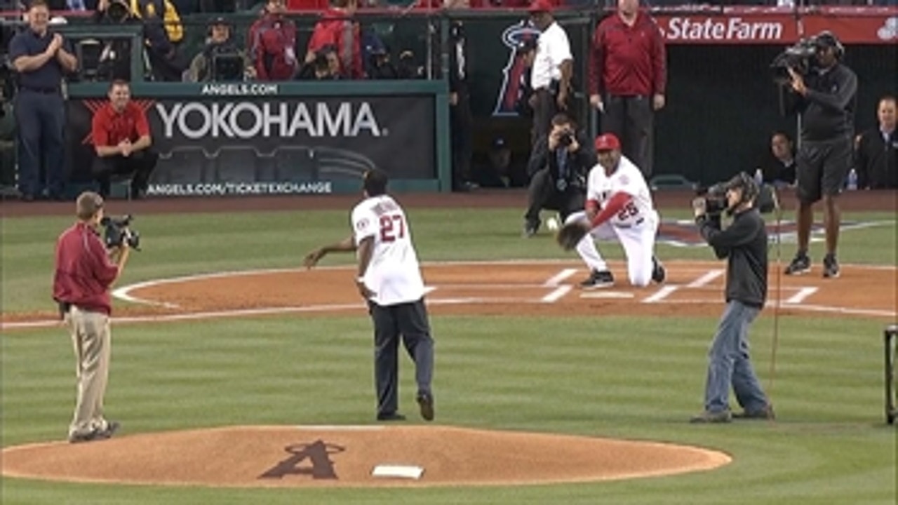 Don Baylor injures himself catching ceremonial first pitch