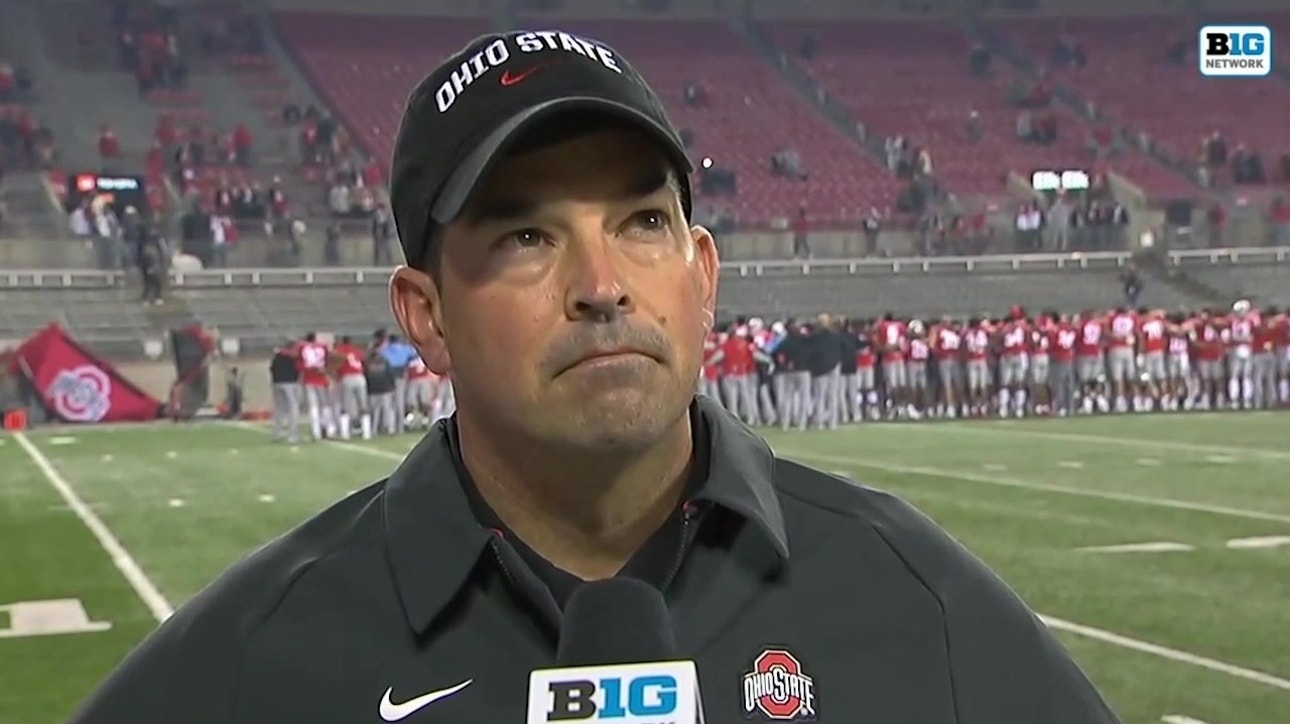 Ohio State head coach Ryan Day walks through his team's performance in 49-27 win over Rutgers