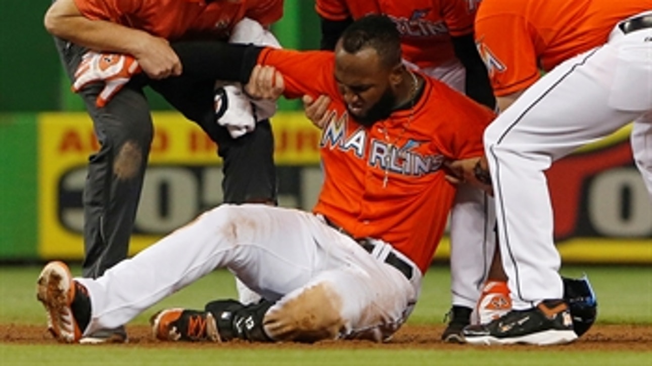 Marlins' Ozuna suffers high ankle sprain in loss to Nationals