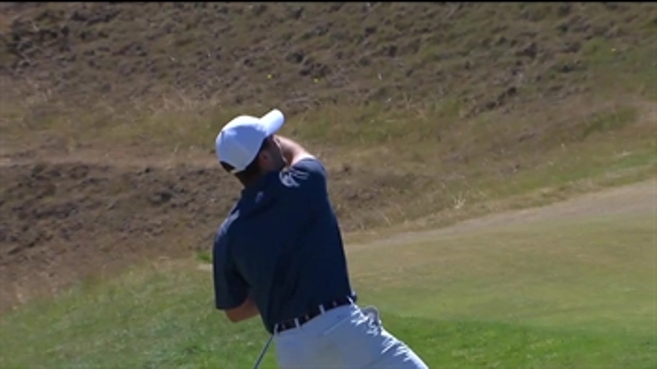 Denny McCarthy hits hole in one during practice at Chambers Bay