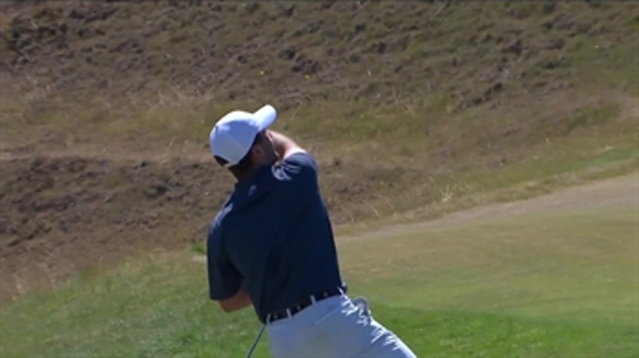 Denny McCarthy hits hole in one during practice at Chambers Bay