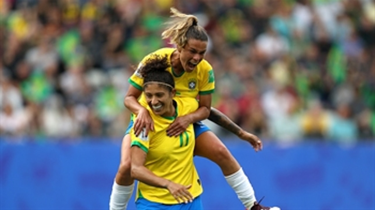 Cristiane gets the hat trick with a free kick off the crossbar for Brazil
