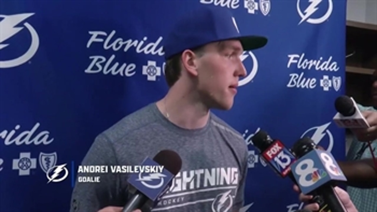Lightning netminder Andrei Vasilevskiy reacts to his contract extension