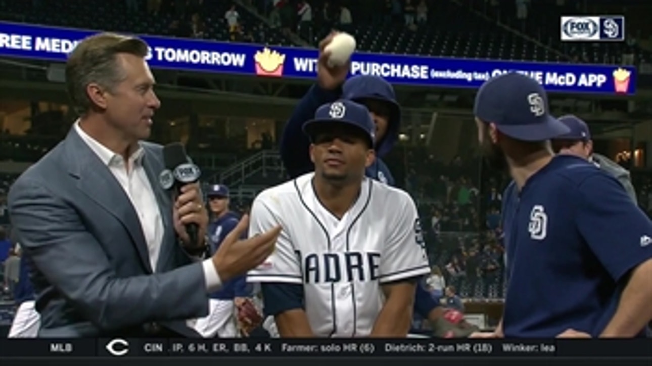 Francisco Mejia talks after the Padres 4-1 win over the Brewers
