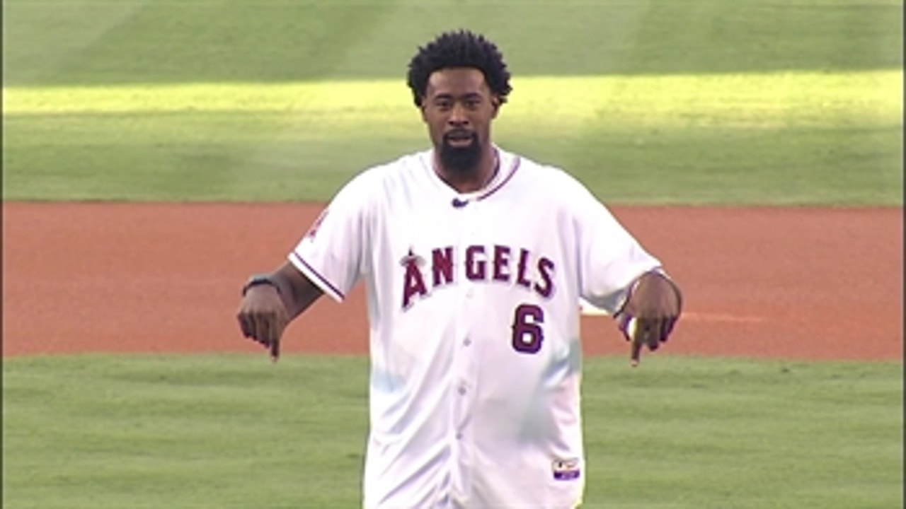 Clippers center DeAndre Jordan throws out first pitch for Angels