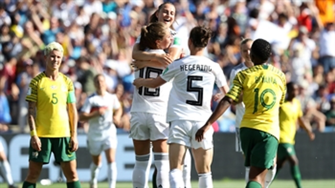 Germany score a wide-open header off the corner vs. South Africa