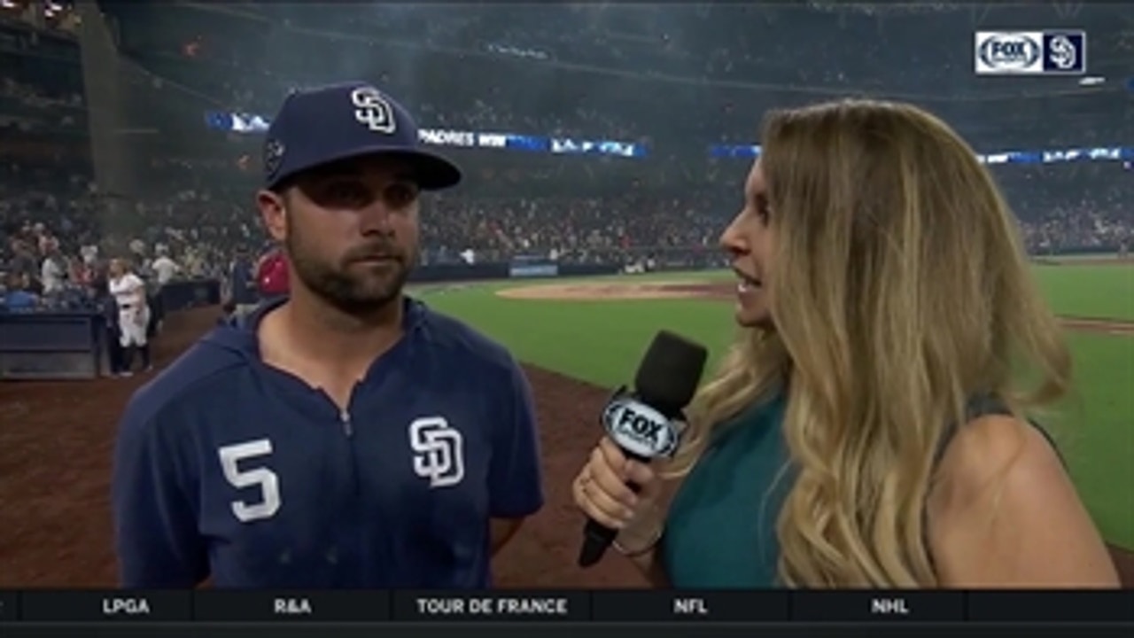 Greg Garcia talks after the Padres 5-1 win