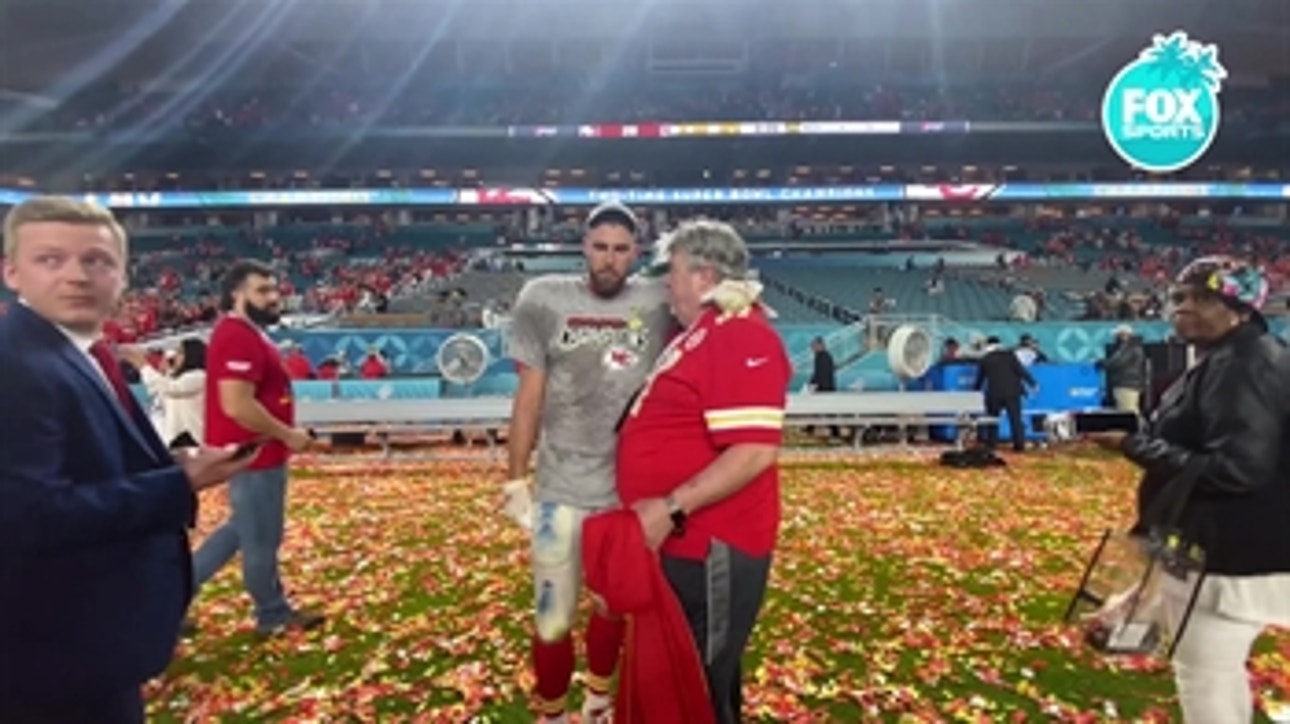Travis Kelce and his dad embrace after the Chiefs' historic Super Bowl win