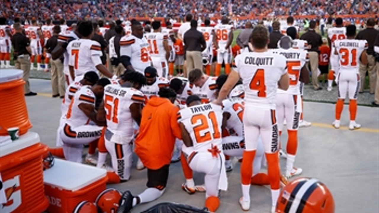 Cleveland Browns players take a knee during national anthem - Colin and Jason react