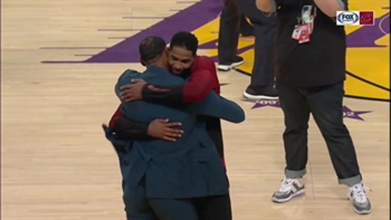 Tristan Thompson, LeBron James share a halftime hug in L.A.
