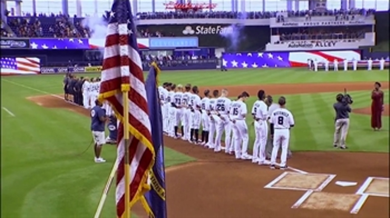 2019 OPENING DAY: Christine Jobson sings National Anthem before Marlins vs. Rockies