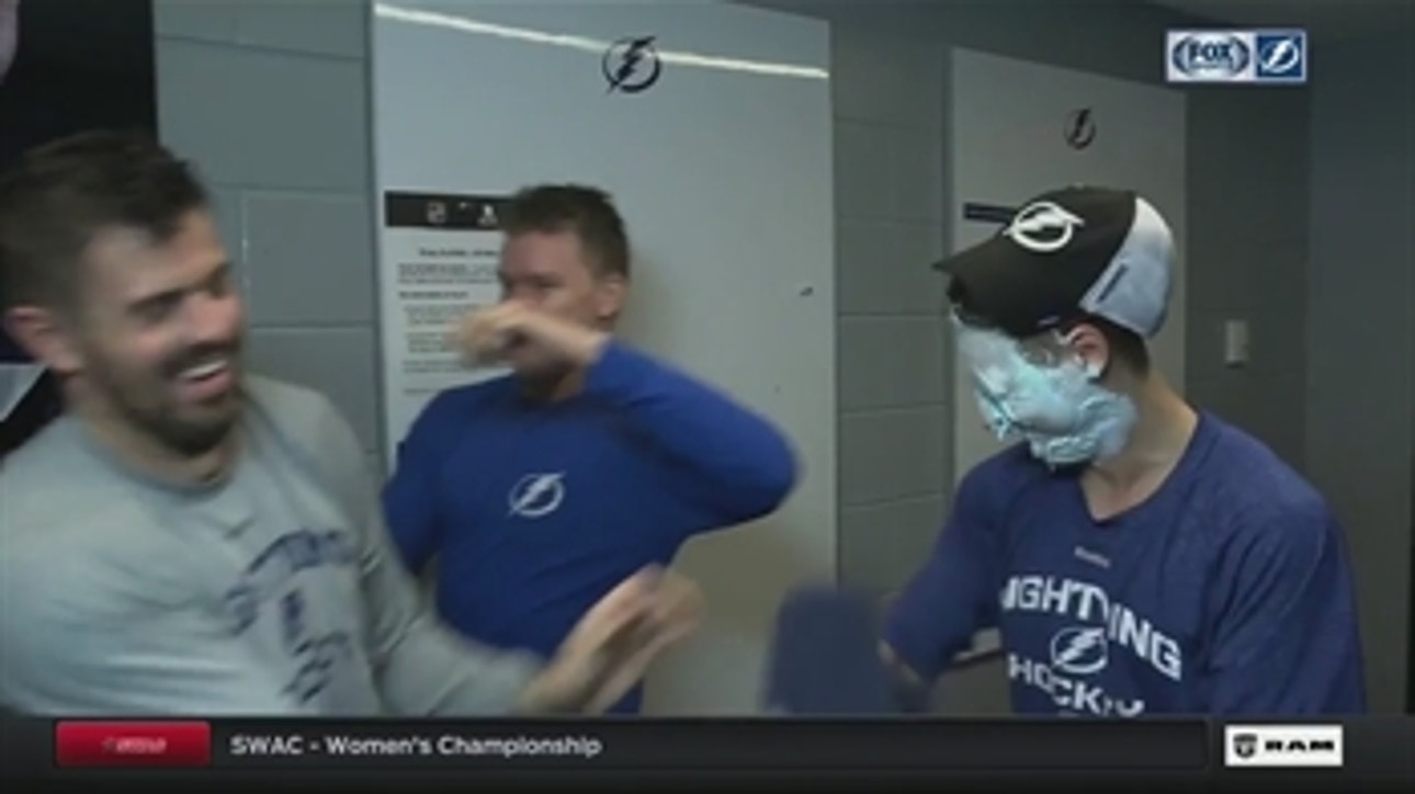 Yanni Gourde gets a face full of shaving cream after first NHL goal