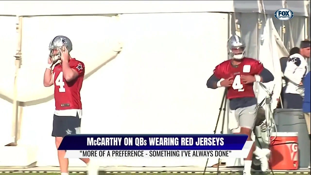 Cowboys With Red Jersey's on the Quarterbacks ' Inside Cowboys Training Camp