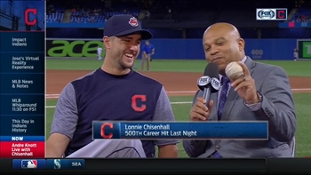 Andre presents Lonnie Chisenhall with gift to celebrate 500th career hit