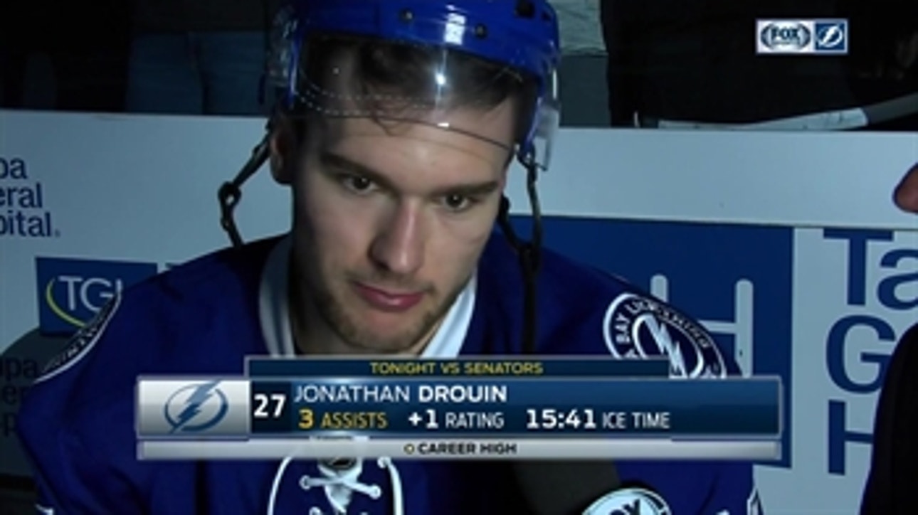 Jonathan Drouin reacts to win after recording first 3-assist game of career