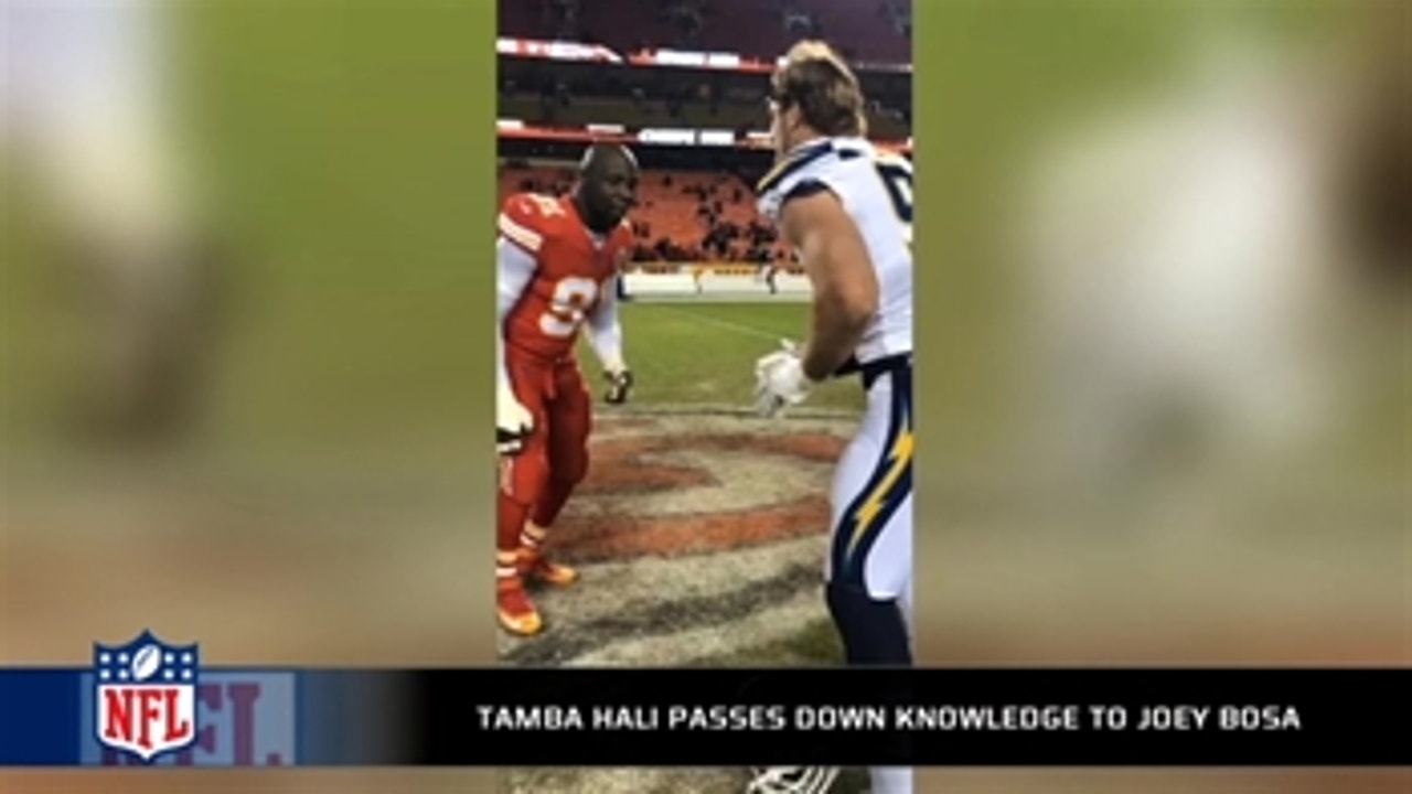 Tamba Hali teaches Joey Bosa technique after the Chiefs-Chargers game