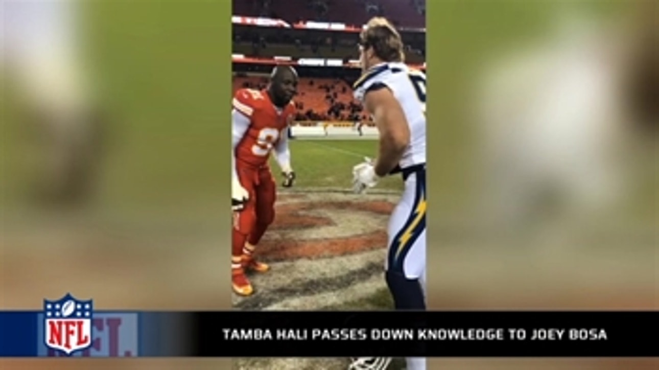 Tamba Hali teaches Joey Bosa technique after the Chiefs-Chargers game