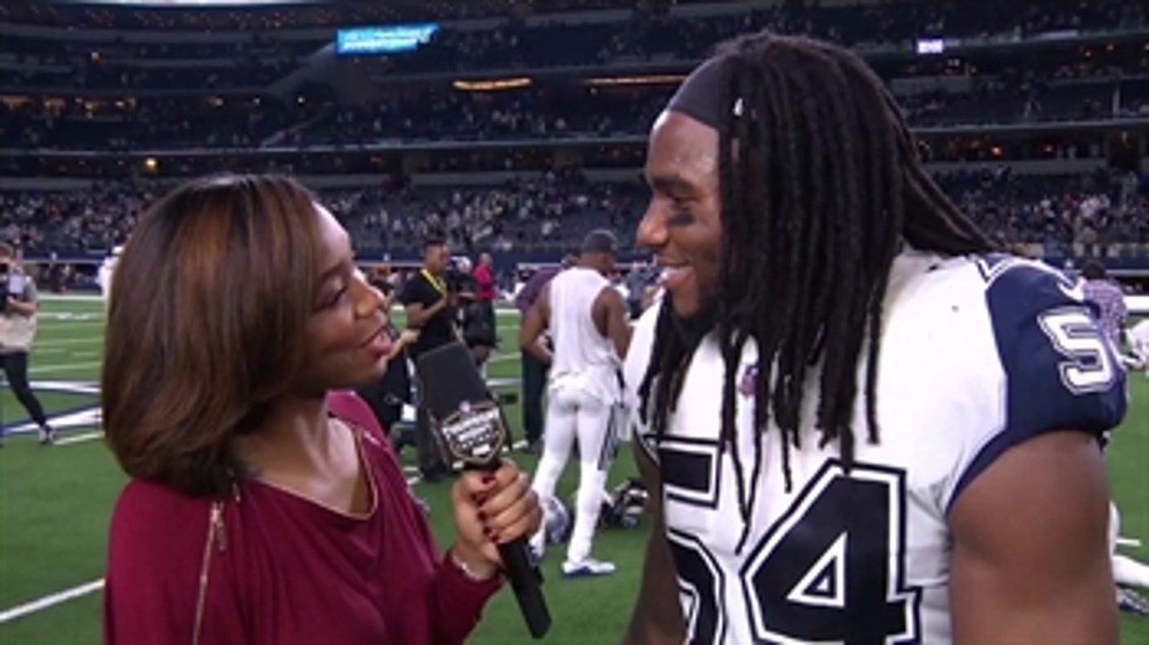 Kristina Pink talks with Jaylon Smith after the Cowboys huge Thursday Night win over the Saints