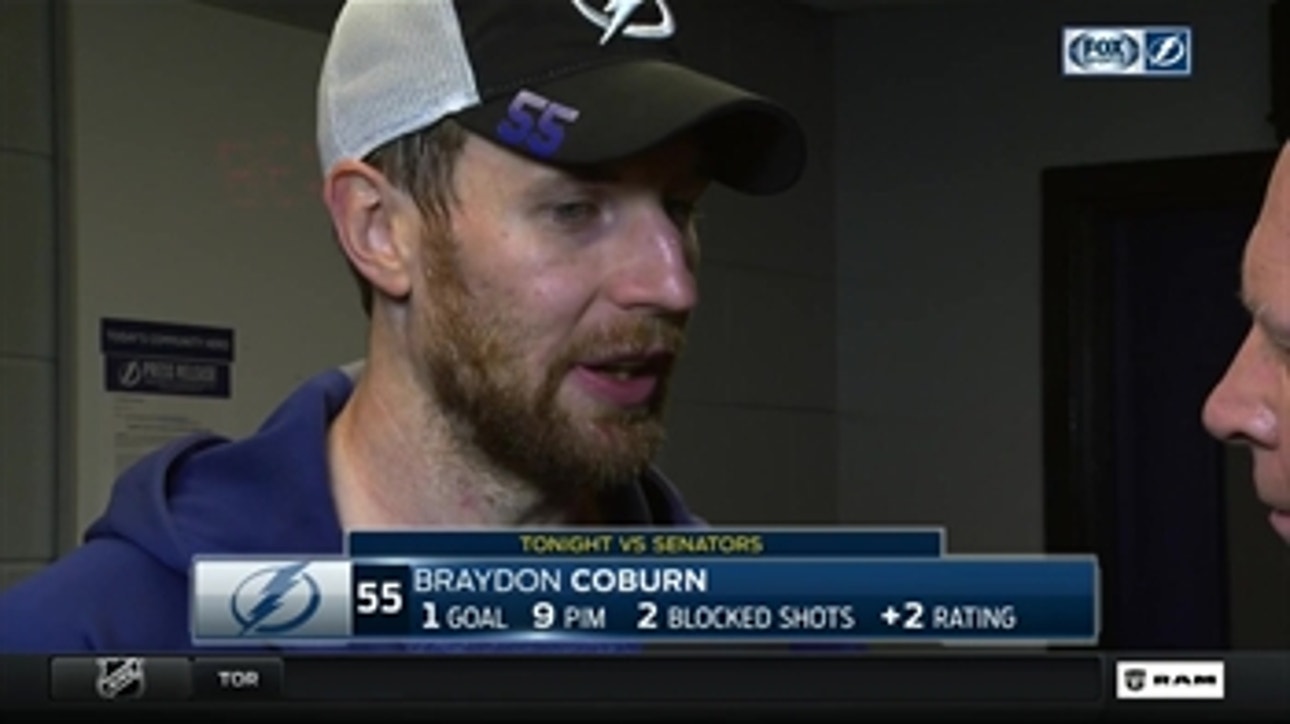 Braydon Coburn reacts to celebrating his birthday with a goal