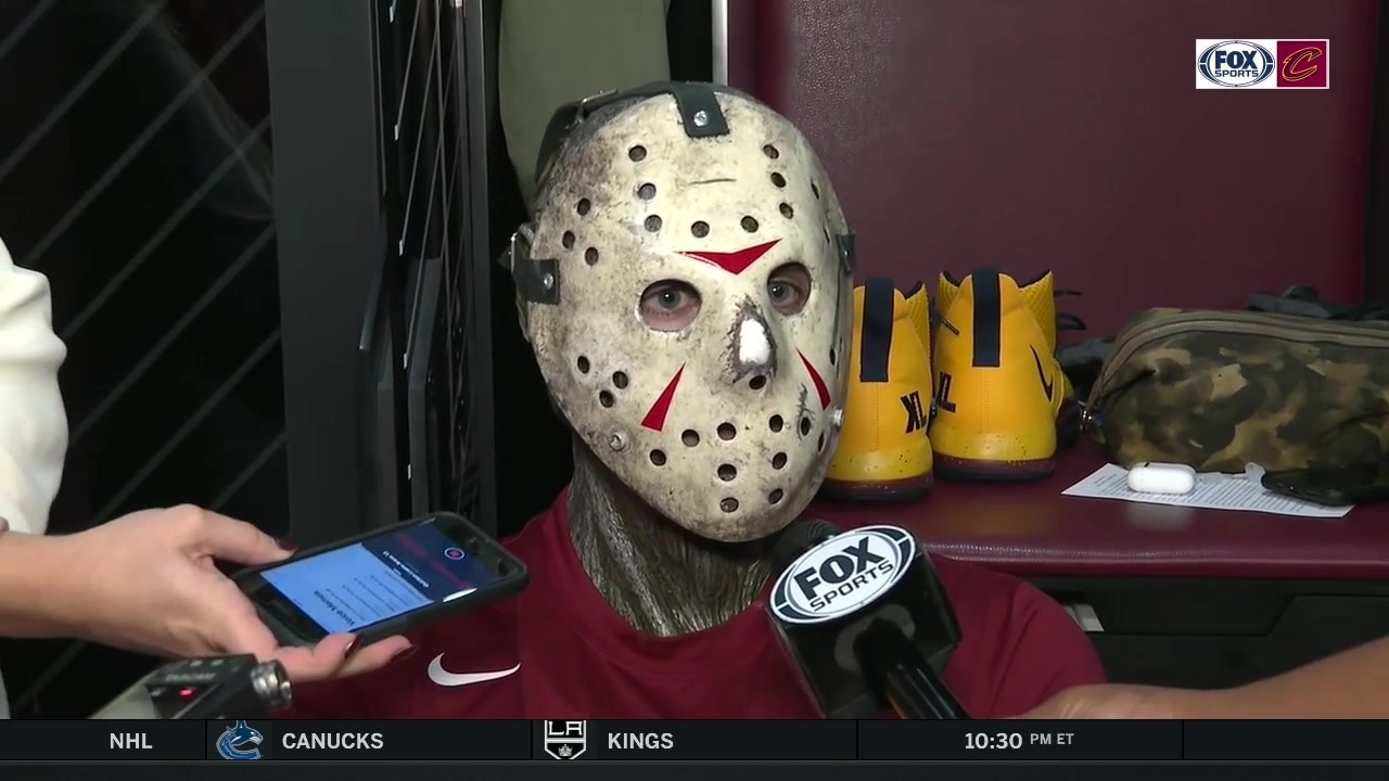 Kevin Love dons the mask of Jason Voorhees for Halloween