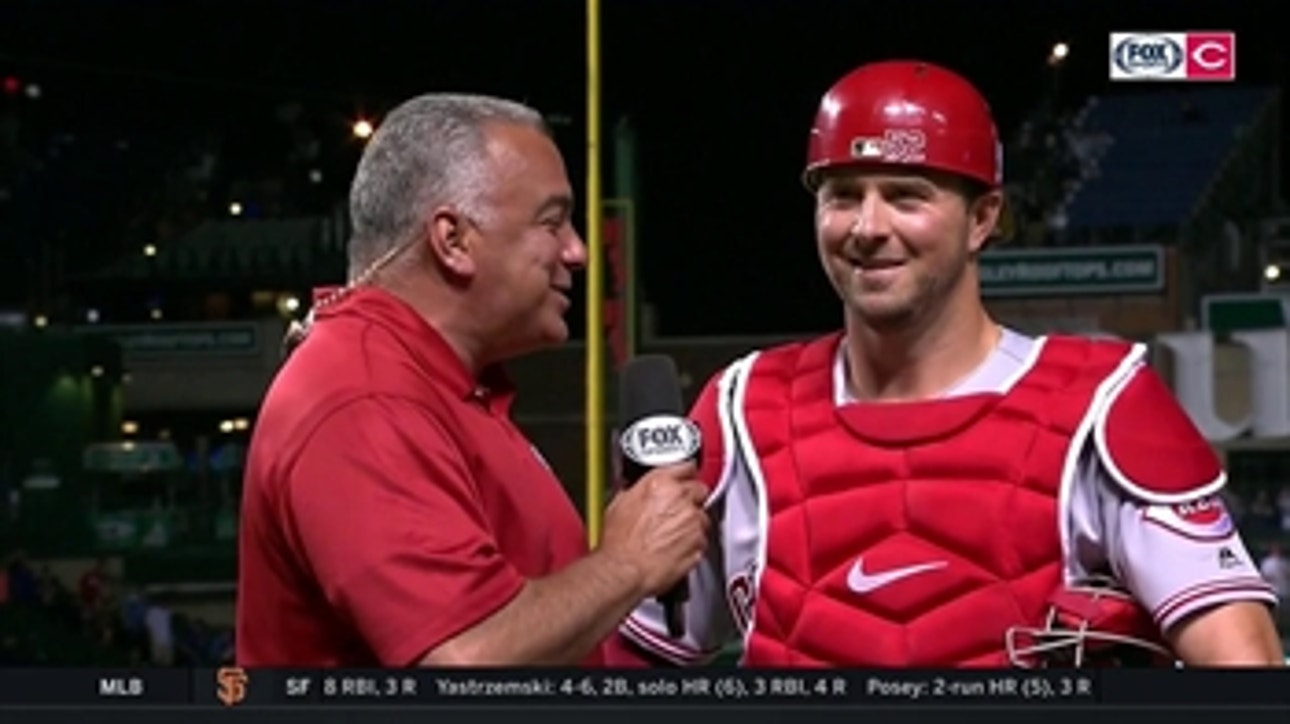 Kyle Farmer enjoying playing behind the dish, credits Barnhart & Casali