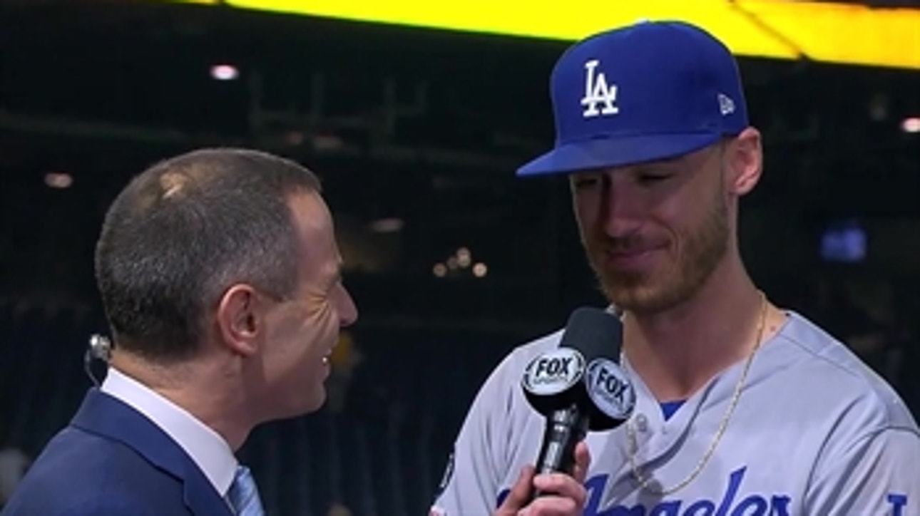 J.P. Morosi speaks with Cody Bellinger after the Dodgers 7-2 win