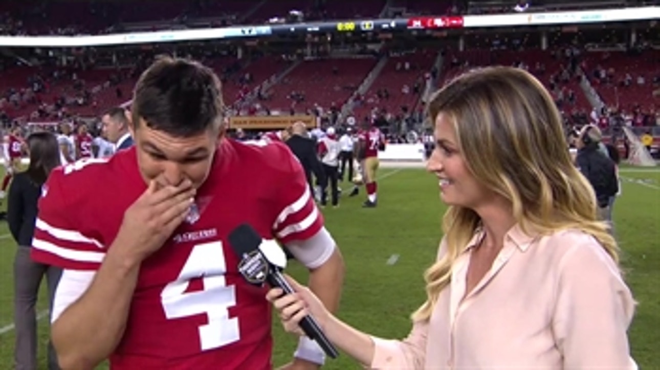 Nick Mullens is overcome with emotion talking with Erin Andrews after his big win