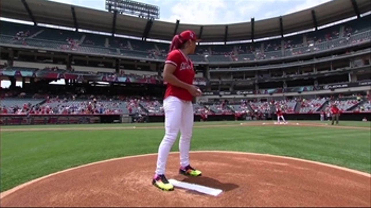 Cris Cyborg throws out the first pitch at Angel Stadium