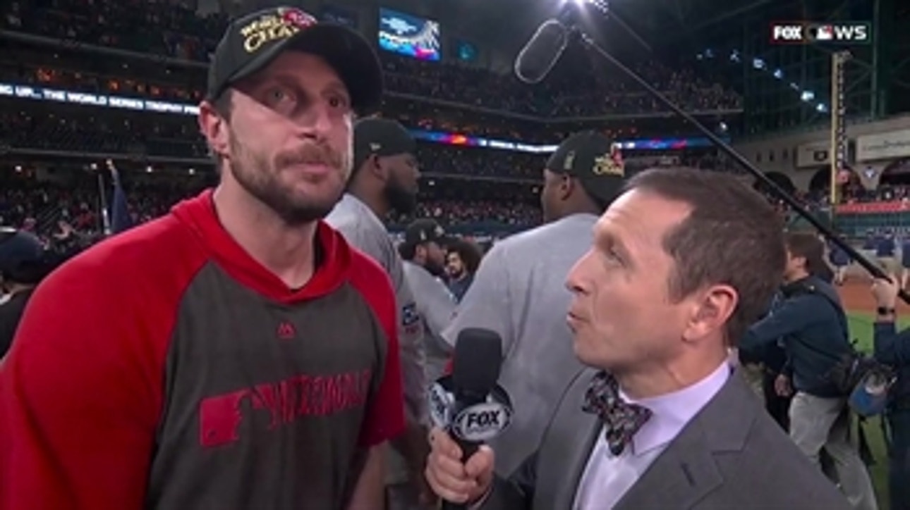 Max Scherzer talks with FOX's Ken Rosenthal after winning the World Series