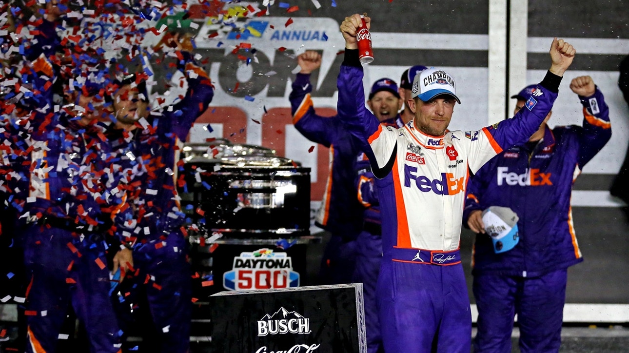 Denny Hamlin celebrates his second straight Daytona 500 victory in second closest finish in race's history